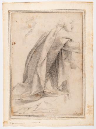 A draped kneeling male figure in profile facing right with additional studies of drapery and a hand holding an urn