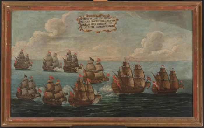 Incontro della nave S.Cata e S.Croce nelle Acue D Orano li 7 Settembre 1708 con una squadra di sette vascelli DAlgier Il Capi il Com Fra Giusepe de Langou