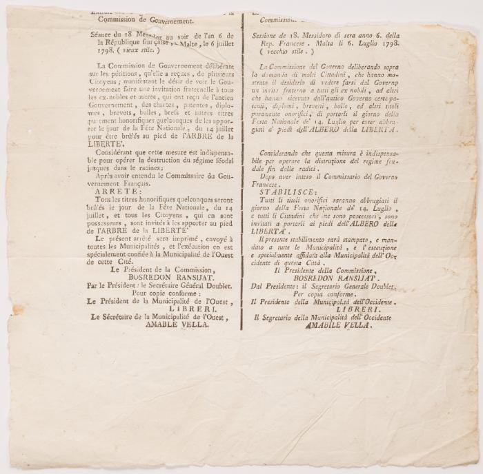 Printed Notice of French Republican Government in Malta dated 6 July 1798