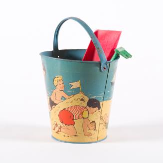 Tin Bucket with Rake and Spade