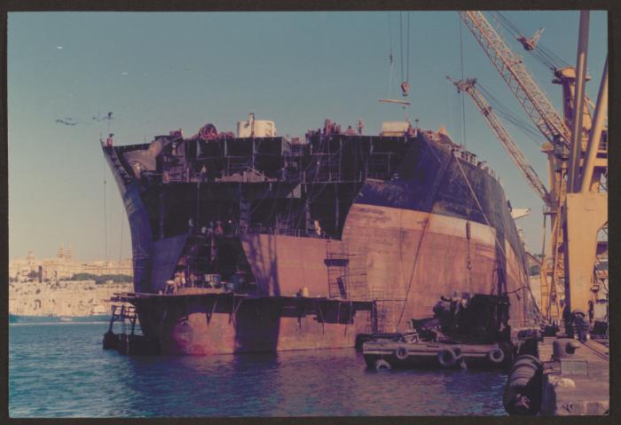 Ship "Skyron" repairs alongside boiler wharf at Malta Drydocks