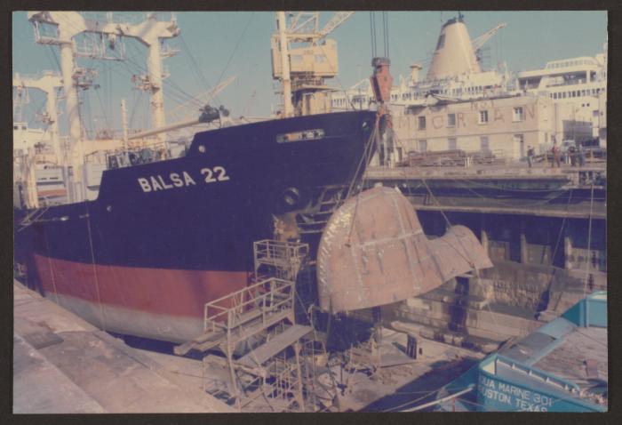 Ship "Balsa 22" fitting of new bulbous bow at Malta Drydocks