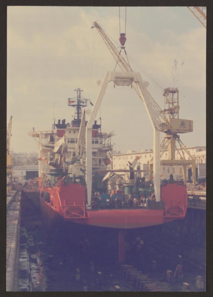 Unidentified survey vessel in No 4 dock at Malta Drydocks