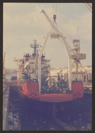 Unidentified survey vessel in No 4 dock at Malta Drydocks