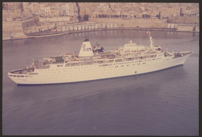 Aerial view of Ship "Sea Princess" leaving Malta Drydocks