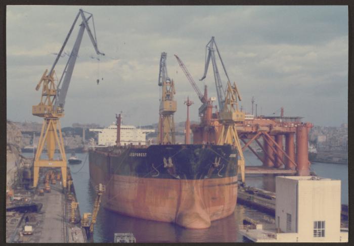 Ship "Jedforest" afloat in No 6 Dock at Malta Drydocks