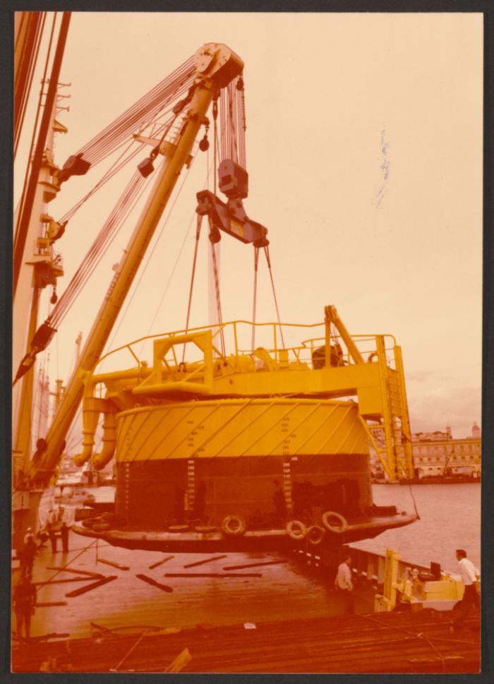 Hoisting in place Single Buoy Mooring on heavylift Ship Carrier "Happy Rider" at Malta Drydocks