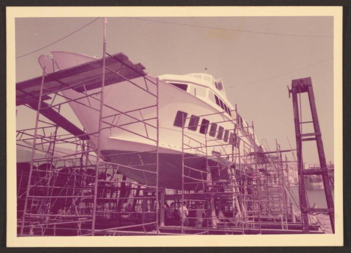 Hydrofoil for outfitting work on Manoel Island Yacht Yard slipway