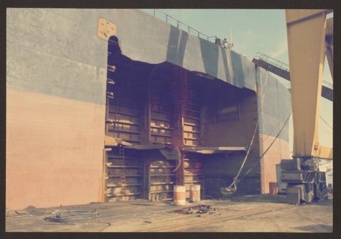 Unidentified ship with shipside damage repairs at Malta Drydocks