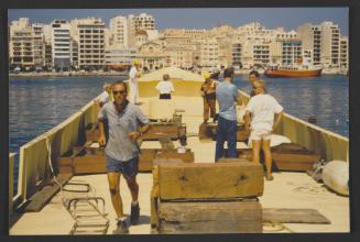 On the go. Yacht "Atlantide" at Manoel Island Yacht Yard (Malta) being prepared for lifting on mother ship for transport to Gosport UK