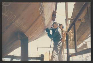 Yacht "Atlantide" at Manoel Island Yacht Yard (Malta) -  steel hull repairs gouging process welding preparation.