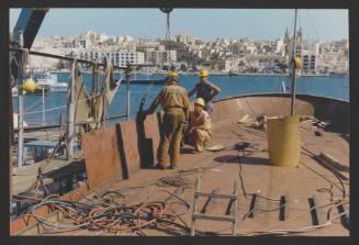Yacht "Atlantide" at Manoel Island Yacht Yard (Malta) -  aft bulwark section work discussion.