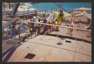 Yacht "Atlantide" at Manoel Island Yacht Yard (Malta) -  prefabricated deck being fitted.