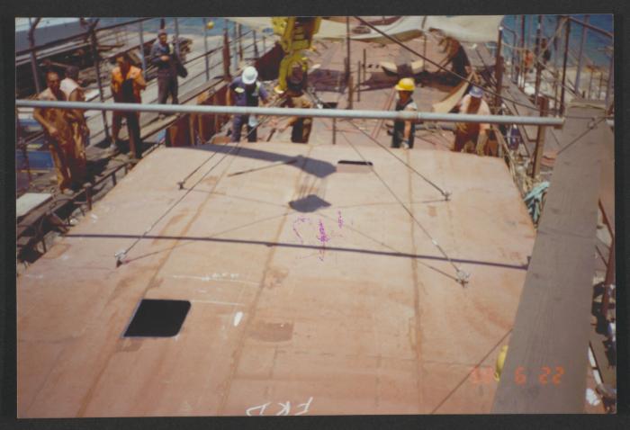 Yacht "Atlantide" at Manoel Island Yacht Yard (Malta) -  prefabricated deck being pushed in place.