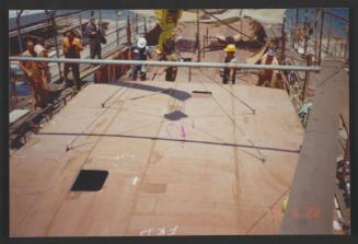 Yacht "Atlantide" at Manoel Island Yacht Yard (Malta) -  prefabricated deck being pushed in place.
