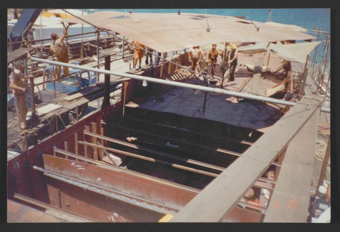 Yacht "Atlantide" at Manoel Island Yacht Yard (Malta) -  prefabricated deck being pushed in place.