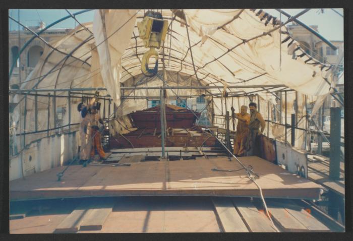 Yacht "Atlantide" at Manoel Island Yacht Yard (Malta) -  Preparation for the shifting of main deck panel using chain blocks.