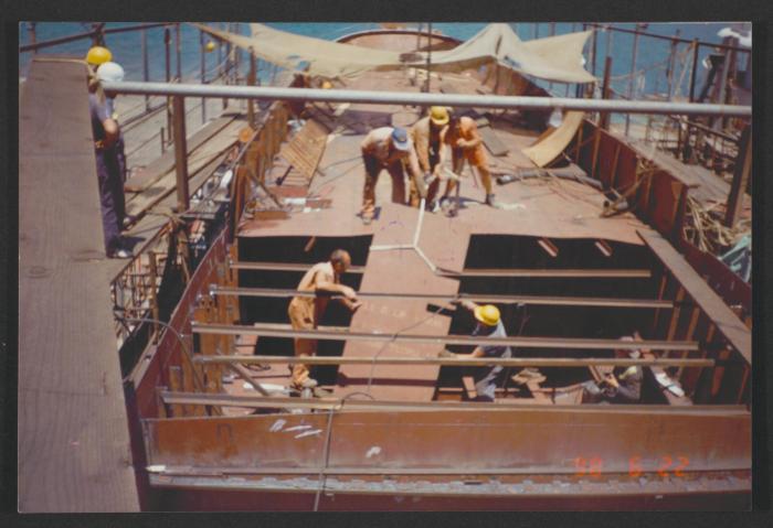 Yacht "Atlantide" at Manoel Island Yacht Yard (Malta) -  preparation for main deck panel installation.