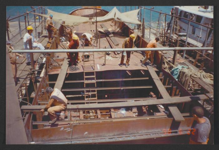 Yacht "Atlantide" at Manoel Island Yacht Yard (Malta) -  preparation for main deck panel installation.