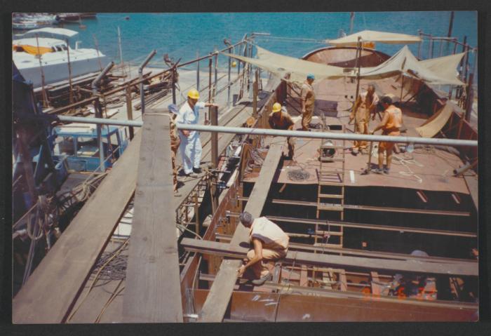 Yacht "Atlantide" at Manoel Island Yacht Yard (Malta) -  preparation for main deck panel installation.