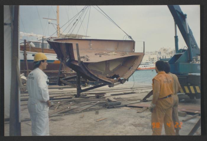 Yacht "Atlantide" at Manoel Island Yacht Yard (Malta) -  prefabricate aft section arrival after being manufactured at Malta Drydocks.