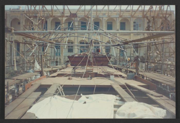 Yacht "Atlantide" at Manoel Island Yacht Yard (Malta) -  prefabricate aft section arrival after being manufactured at Malta Drydocks.
