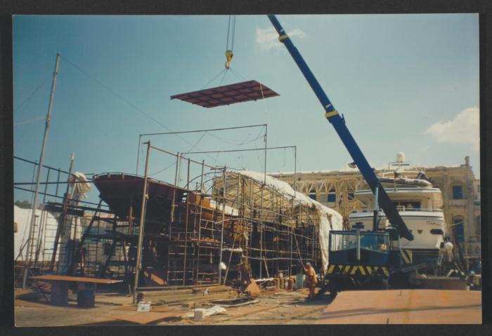 Yacht "Atlantide" at Manoel Island Yacht Yard (Malta) -  prefabricate aft section arrival after being manufactured at Malta Drydocks.