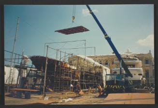 Yacht "Atlantide" at Manoel Island Yacht Yard (Malta) -  prefabricate aft section arrival after being manufactured at Malta Drydocks.