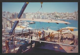 Yacht "Atlantide" at Manoel Island Yacht Yard (Malta) -  lowering of mid section of steel deck.