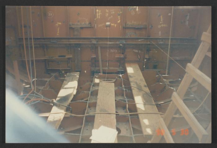 Yacht "Atlantide" at Manoel Island Yacht Yard (Malta) -  aft section with fuel tank in centre and aft engine room bulkhead.