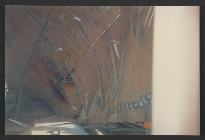 Yacht "Atlantide" at Manoel Island Yacht Yard (Malta) -  streak A aft port section. A 1933 stamp was found on the keel bar in this area.