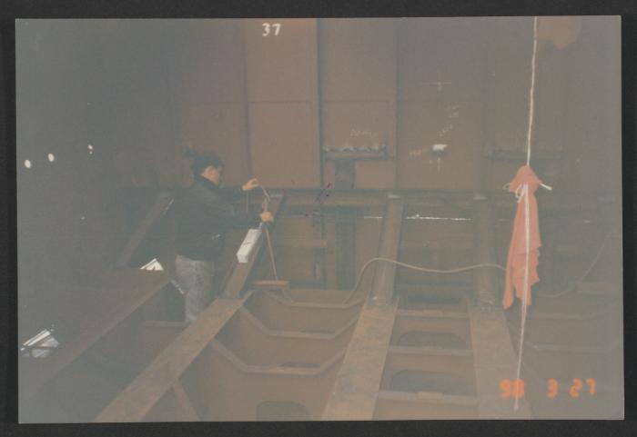 Yacht "Atlantide" at Manoel Island Yacht Yard (Malta) -  welding works by Novel on engine room bulkhead number 33. the lower part of this bulk head was kept and not changed.