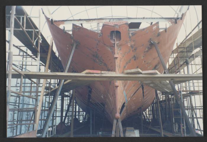 Yacht "Atlantide" at Manoel Island Yacht Yard (Malta) -  aft section cropped off and preparing for new section being manufactured at Malta Drydocks.