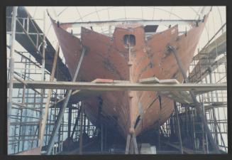 Yacht "Atlantide" at Manoel Island Yacht Yard (Malta) -  aft section cropped off and preparing for new section being manufactured at Malta Drydocks.