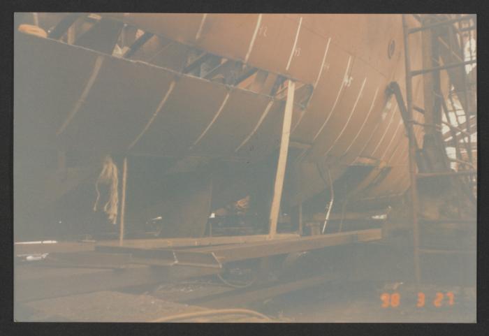 Yacht "Atlantide" at Manoel Island Yacht Yard (Malta) -  Starboard hull steel repairs.