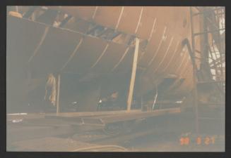 Yacht "Atlantide" at Manoel Island Yacht Yard (Malta) -  Starboard hull steel repairs.