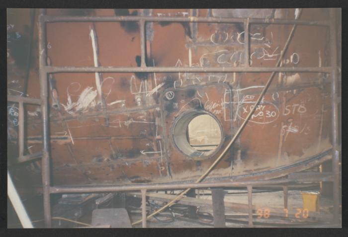 Yacht "Atlantide" at Manoel Island Yacht Yard (Malta) -  construction of bow thruster tunnel and bow area.