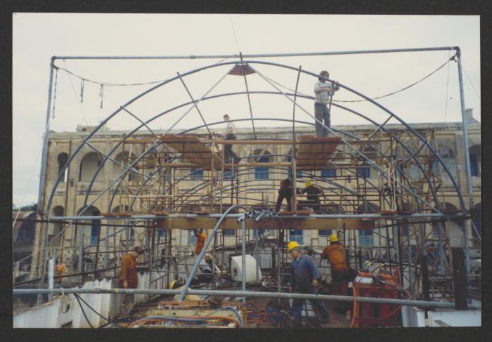 Yacht "Atlantide" at Manoel Island Yacht Yard (Malta) -  all hands on deck....and scaffold in preparation of Thermo Plastic Tenting