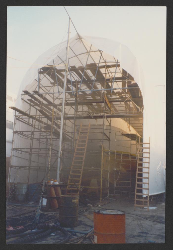 Thermo plastic cover over Yacht "Atlantide" at Manoel Island Yacht Yard (Malta) -  nearing completion.