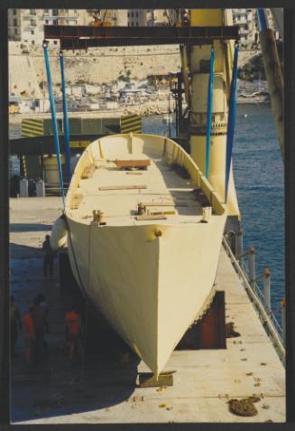 Yacht "Atlantide" at Manoel Island Yacht Yard (Malta) -  finally lifted on mother ship being sent to Gosport UK.