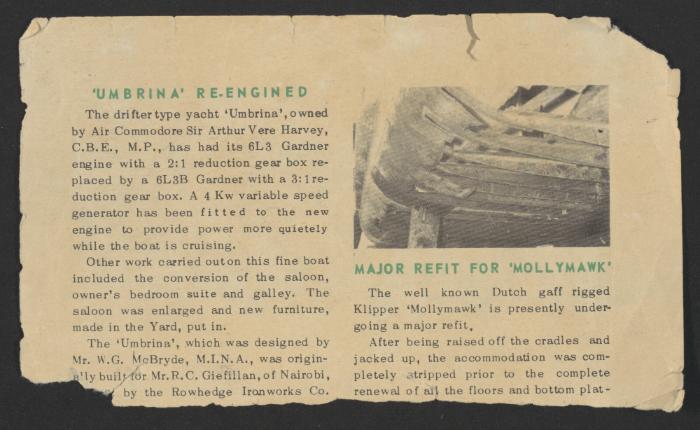 Manoel Island Yacht Yard (Malta)  cutting showing information on works carried on yacht "Umbrina" and major refit on "Klipper Mollymawk"