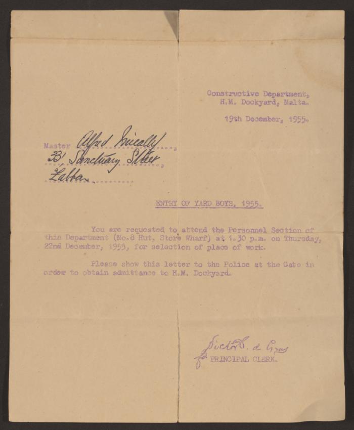 Alfred Micallef Malta Drydocks 1955 Entry Yard Boys / 1956 Entry Apprentices Letters and other Apprentice Equal Opportunities Scheme Documents