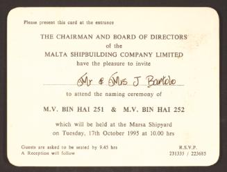 Mr & Mrs Joe Bartolo Malta Shipbuilding (MSCL) Invitation Card for Naming Ceremony of MV Bin Hai 251 & 252