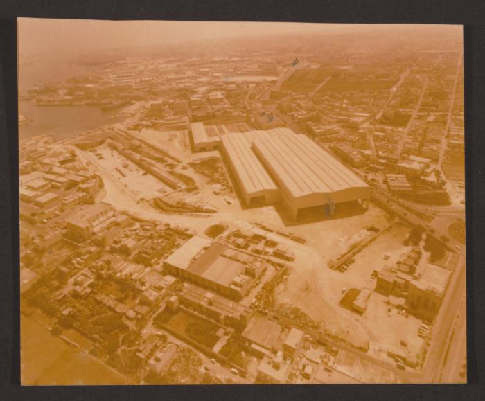 Malta Shipbuilding (MSCL) aerial view of Marsa dock in construction and finished main fabrication shops