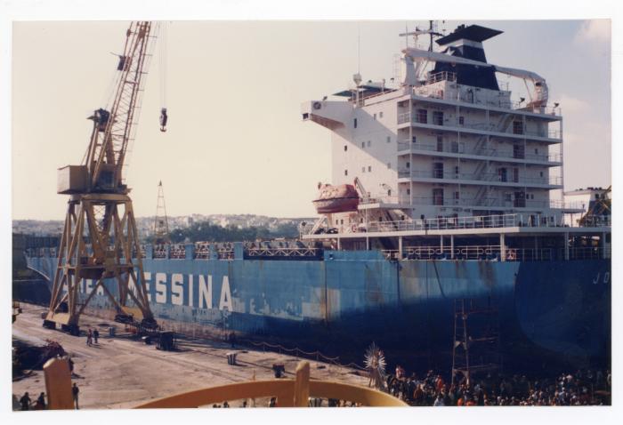 Malta Shiprepair Yard - Ship "Jolly Argento"  (Could be "Jolly Oro") Dock No 4 repairs; Foreground is the statue of the Immaculate Conception