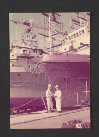 Malta Drydocks Toni Sammut (Hull manager - Newbuilding section) with Mr Gafa (Lloyds Surveyor) near No 7 Dock