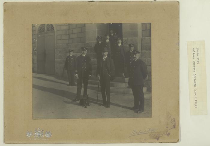 A group of Maltese Customs Officers including Captain Giocchino Zarb Mallia, Colonel Biancorale Callibre della Dogare, Guis Darmanin Demajo, Sargent Giuseppe Cilia La Corte