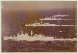 "LONDON (D16)", "KENT (D12)", "DEVONSHIRE (D02)", "HAMPSHIRE (D04)" sailing consecutively at sea