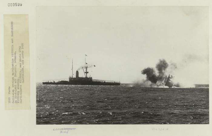 Collsion between British battleships "HMS VICTORIA" (right) and "HMS CAMPERDOWN" 22 June 1893 off Tripoli, Lebanon