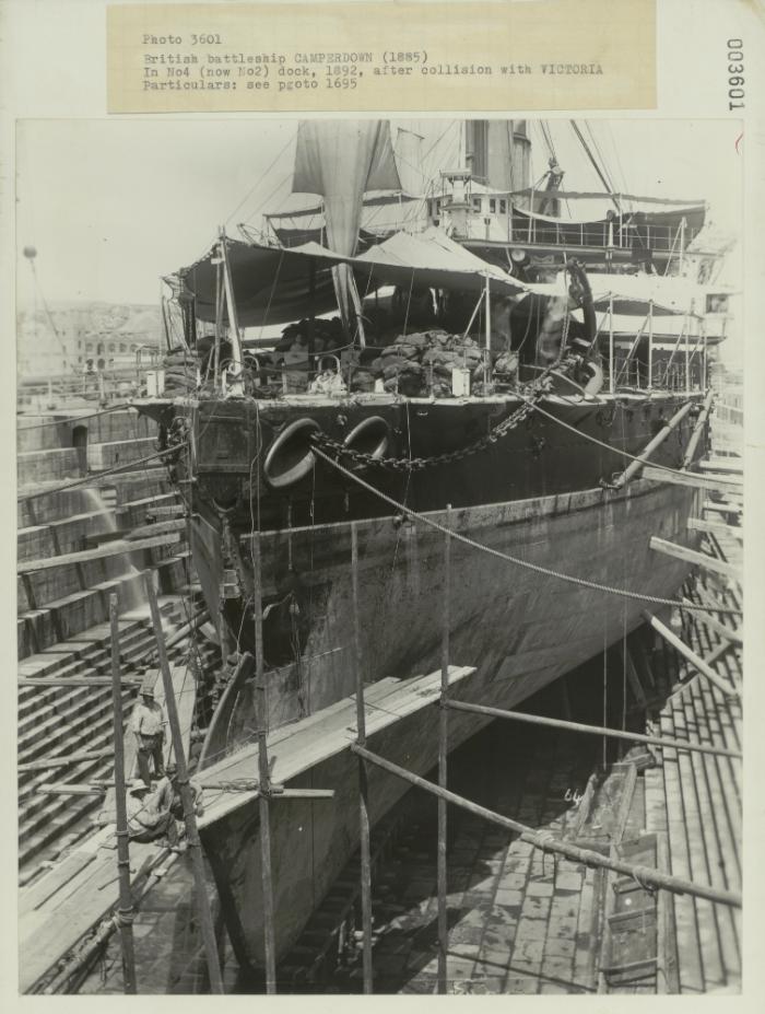 British battleship "CAMPERDOWN" (1885) docked in No. 4 dock, 1892, after collision with "VICTORIA"